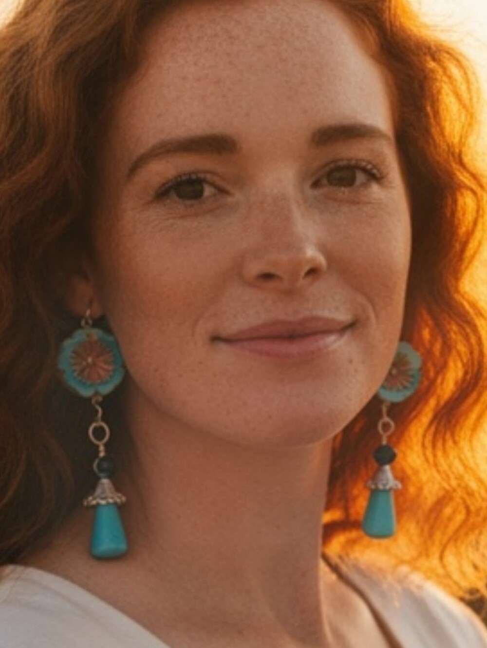Handmade Turquoise Czech Floral Glass Bead Dangle Earrings